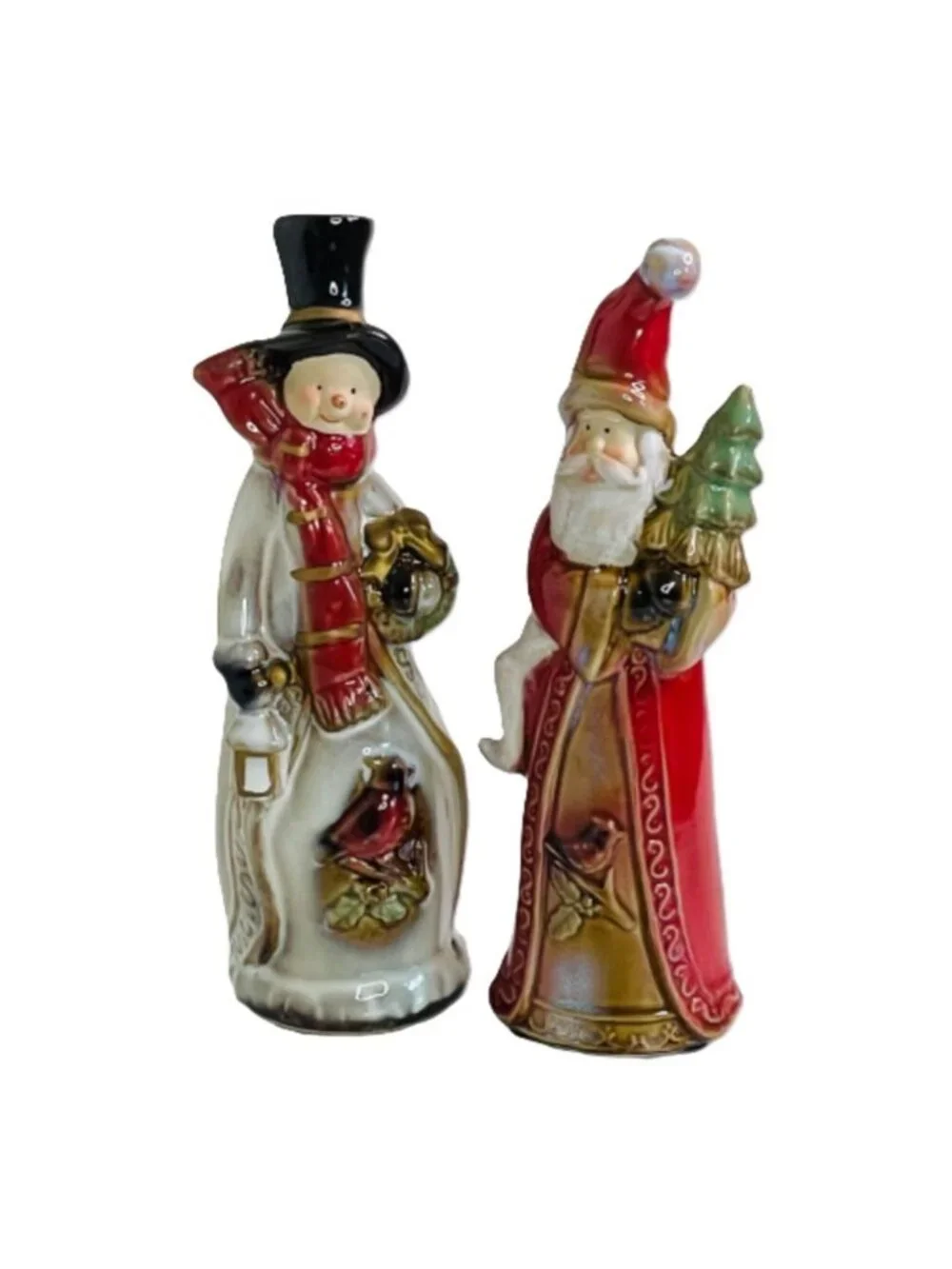Vintage Christmas Figurine Set Old World Santa and Snowman Cardinal Holiday 8